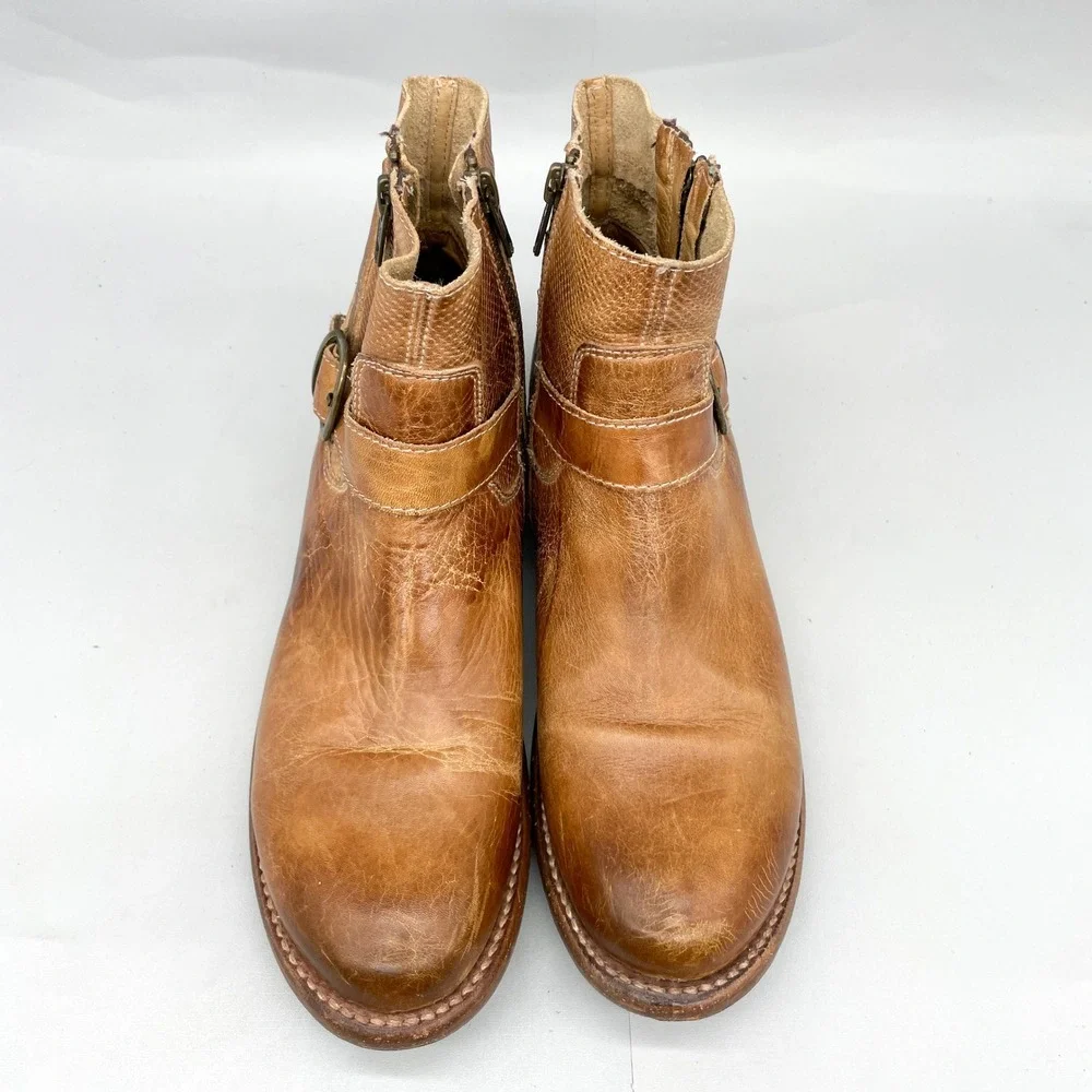 Bed Stu Womens 9 Becca Boots Tan Rustic Leather Moto Booties Zip Buckle Western - Picture 3 of 11